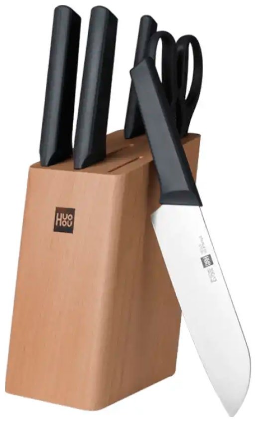 Набор стальных ножей (4 ножа ножницы деревянная подставка из бука) Huo Hou 6-Piece Kitchen Knife Set Lite (HU0057), черный