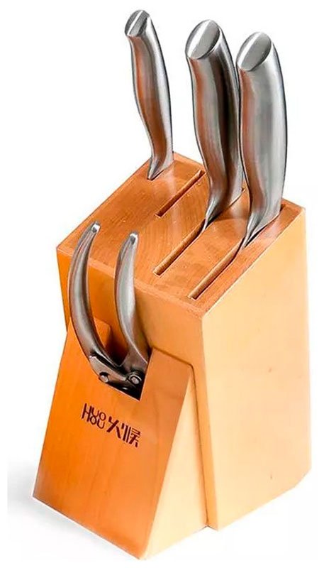 Набор стальных ножей (4 ножа ножницы подставка) Huo Hou 6-Piece Stainless Steel Kitchen Knife Set (HU0014), серебристый
