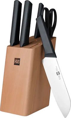 Набор стальных ножей (4 ножа ножницы деревянная подставка из бука) Huo Hou 6-Piece Kitchen Knife Set Lite (HU0057) черный